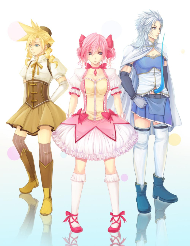 cloud strife+kaname madoka+lightning farron+miki sayaka+tomoe mami+warrior of light