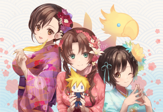 aerith gainsborough+chocobo+cloud strife+tifa lockhart+yuffie kisaragi