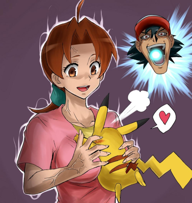 ash ketchum+delia ketchum+matsumoto rika+pikachu