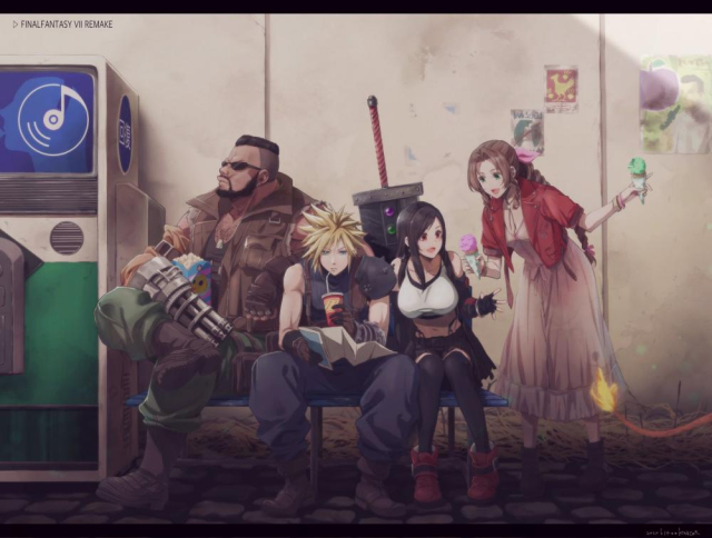 aerith gainsborough+barret wallace+chocobo+cloud strife+red xiii+tifa lockhart