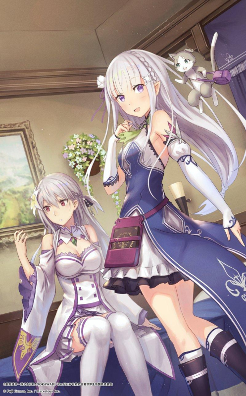emilia (re zero)+puck (re zero)+azucena