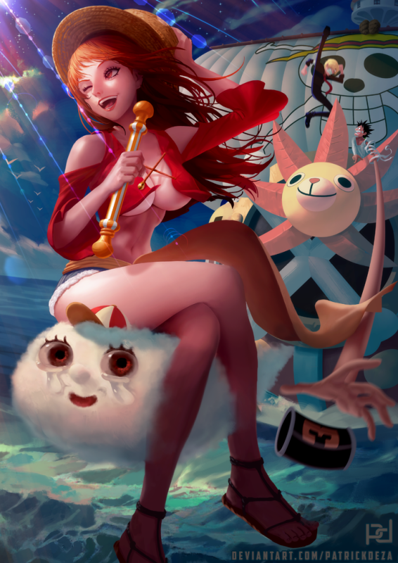 nami (one piece)+monkey d luffy+sanji+thousand sunny+zeus (one piece)